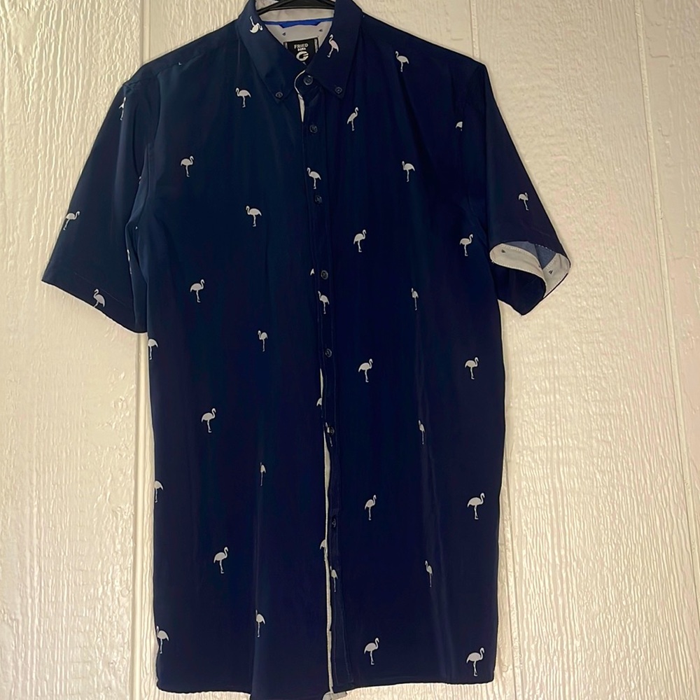 COPY - Navy blue flamingo Large Fried Denim button down